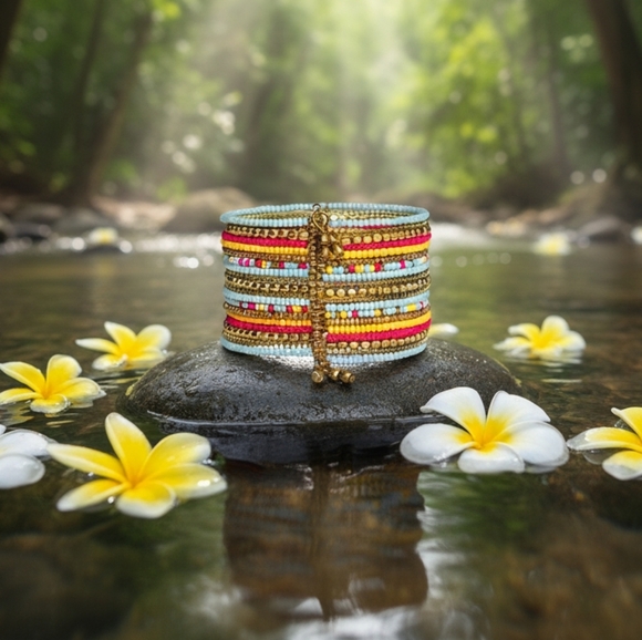 ποΈIndian Artisanal Beaded Boho Chic Cuff Bracelet | Pastel & Brass Statement πΌ - Picture 9 of 14